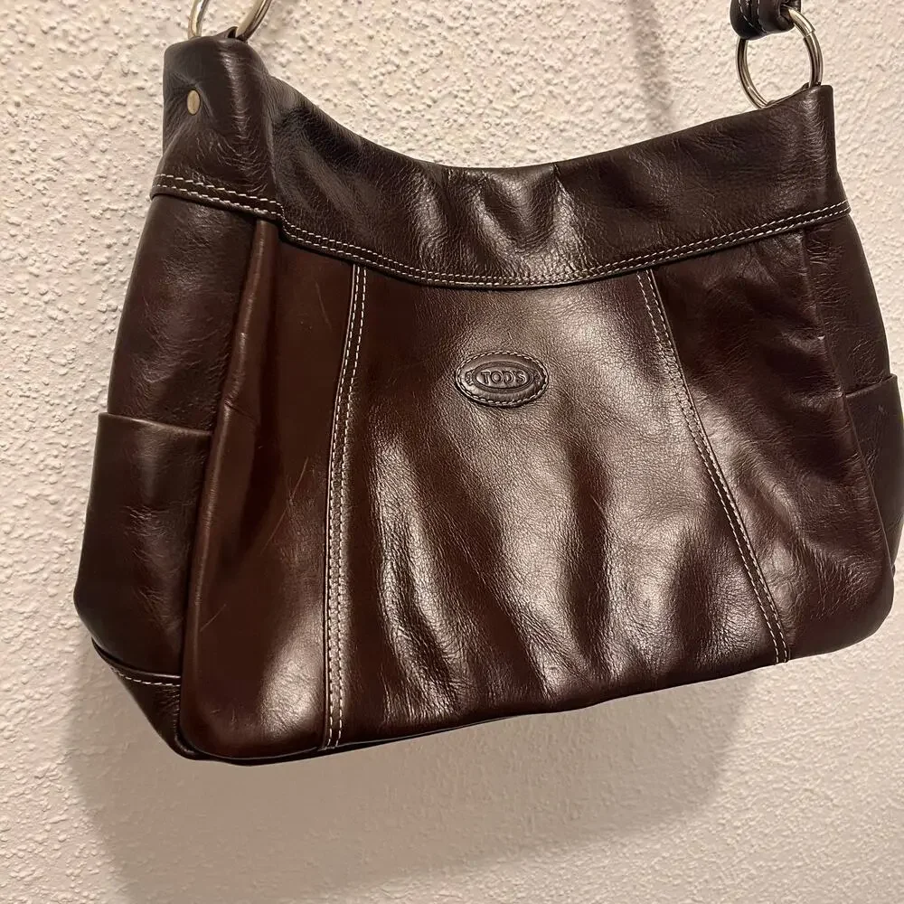 TOD'S Shoulder Bag Brown Leather Hobo Purse Minimalist Quiet Luxury Y2K Italy